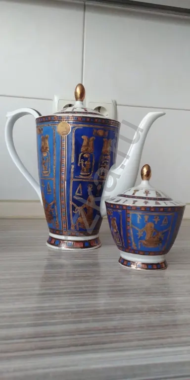 Сервиз чайник, сахарница, чашки большие 2 шт., кобальт с позолотой, Египет.