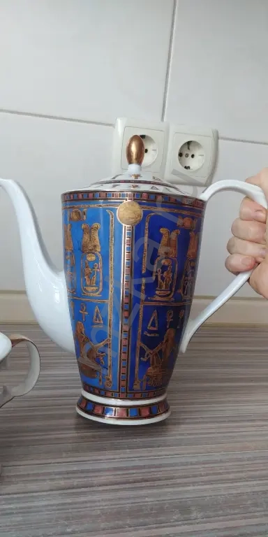 Сервиз чайник, сахарница, чашки большие 2 шт., кобальт с позолотой, Египет.
